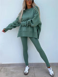 Women's Autumn Loose Solid Color Round Neck Split Hem Sweatshirts & Sweatpants Outfit