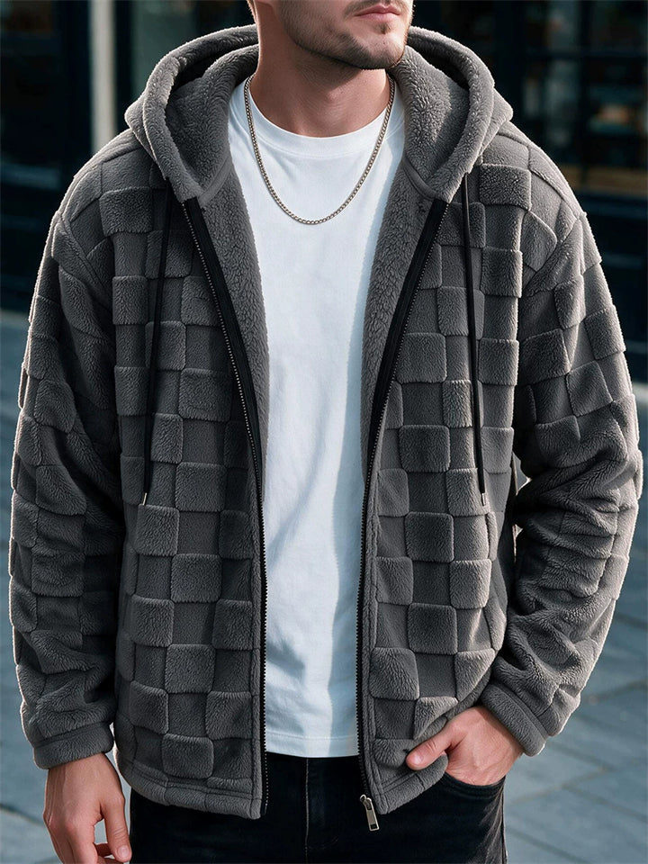 Men Fleece Hoodie Checkered Full Zip Autumn Winter Jacket