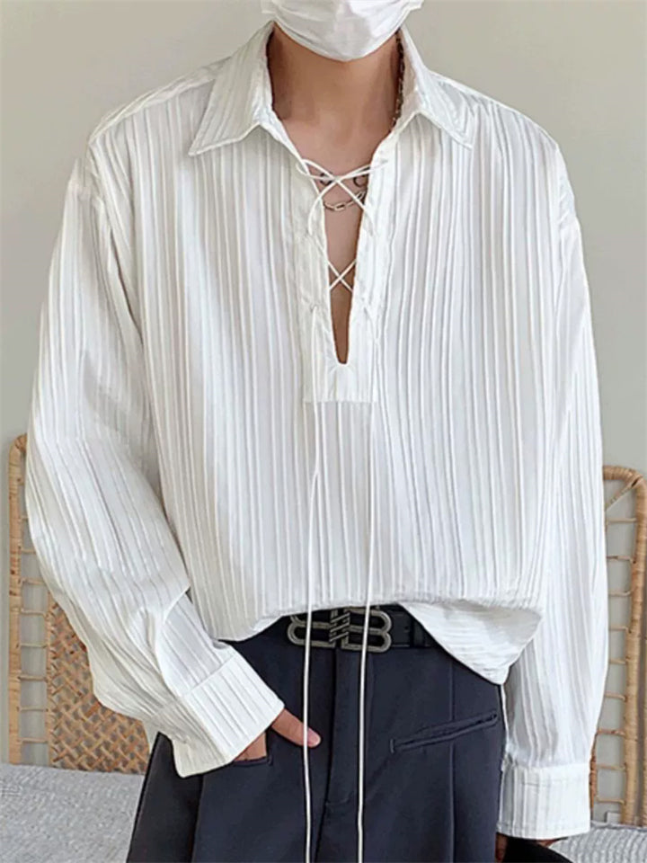 Men's Trendy Solid Color Pleated Lace Up Collar Long Sleeve Shirt