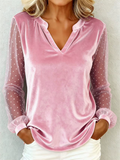 Velvet V Neck Mesh Polka Dot Sheer Lantern Sleeve Blouses for Women