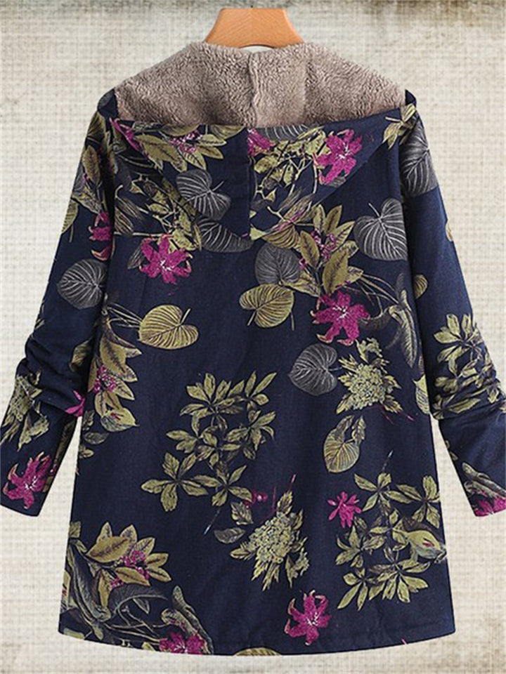 Women's Vintage Leaves Printed Fleeced Lining Hooded Coats