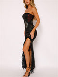 Ladies Sexy Off Shoulder High Split Lace Patchwork Bustier Dress