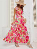 Female Holiday Floral Leaf Print Sleeveless Pleated Dress