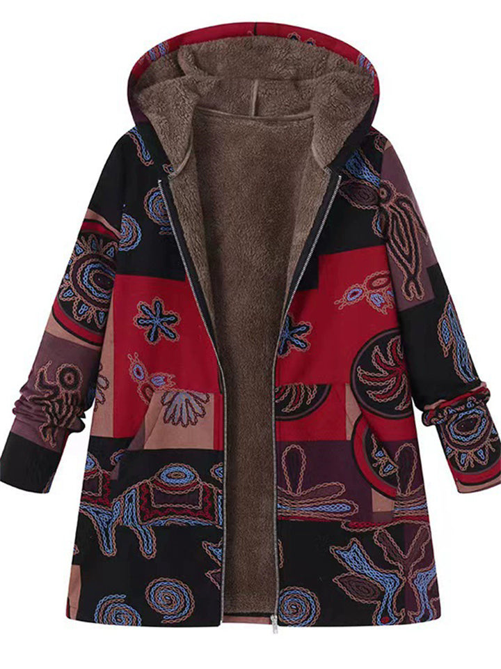 Women's Vintage Cartoon Printed Contrast Color Fleeced Lining Hooded Coats