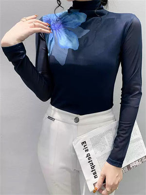 Women's Long Sleeve Flower Print Mesh High Neck Top