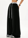 Letter Print Patchwork Drawstring Wide Leg Casual Pants for Women