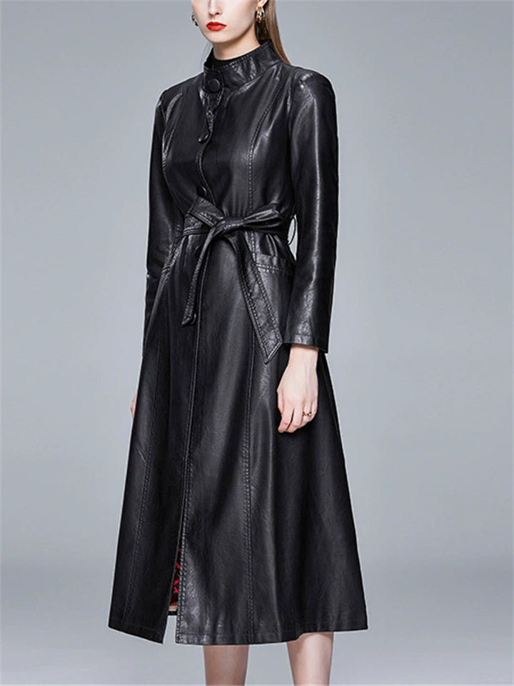 Women's Autumn Slim Fit Single Breasted Stand Collar Faux Leather Coats