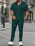 Men's Solid Color Waffle Lapel Cargo Top and Pants Set