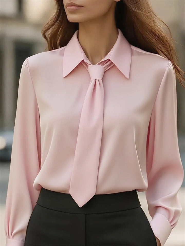 Ladies' Elegant Simple Solid Color Long Sleeve Blouses with Tie