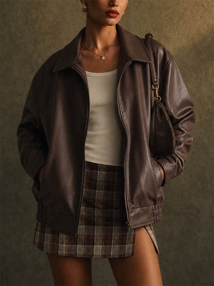 Womens Oversized Brown Faux Leather Vintage Bomber Jackets