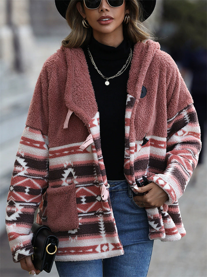 Women's Autumn Contrast Color Printed Patchwork Button Up Fleece Coats