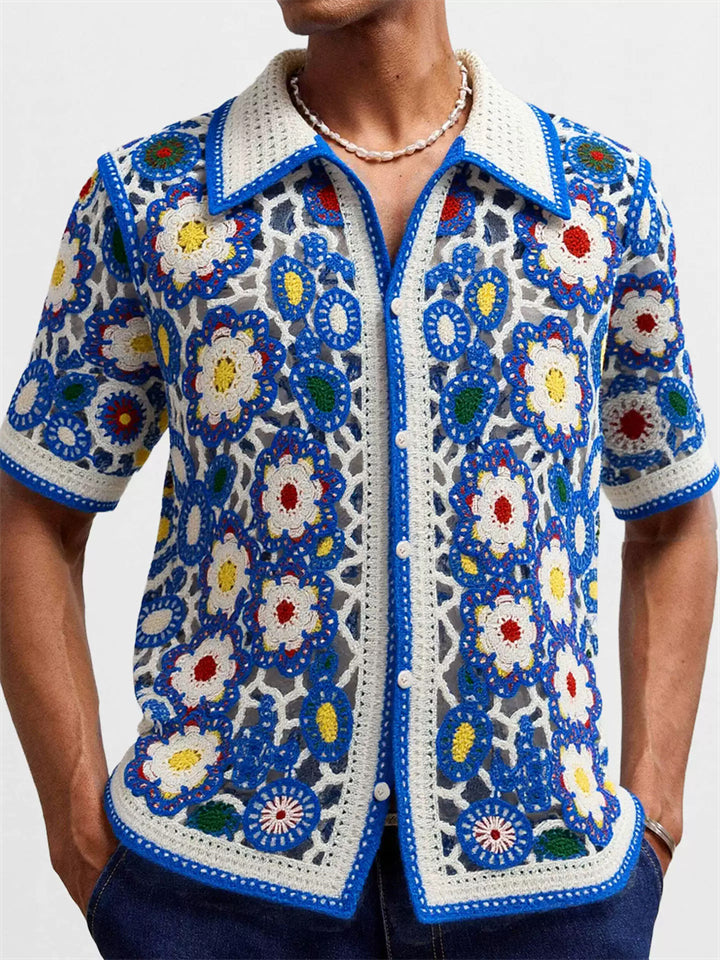 Men's Retro Summer Trendy Hollow Crocheted Short Sleeve Shirts