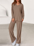 Women's Simple V Neck Long Sleeve Loose Fit Comfy Top and Pants Set