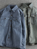 Retro Men's Cotton Long Sleeve Stripe Cargo Shirt