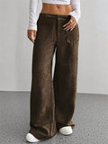 ‌Autumn Mid Waist Corduroy Pockets Wide Leg Pants for Women‌