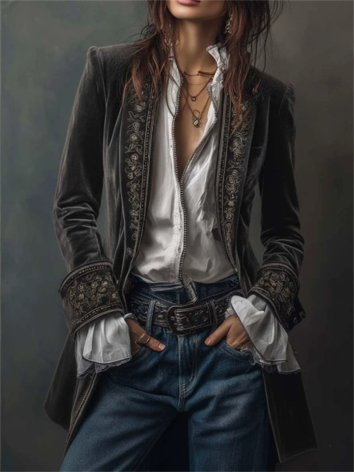 W‌omen's Piping Patchwork Vintage Velvet Jacket