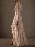 Womens Boho Chiffon Ruffle High Neck Long Sleeve Maxi Dress