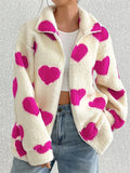 Women's Autumn Fleece Cute Heart Shape Pattern Zip Up Coats