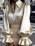 Women's Fashion Button Up Lapel Satin Ruffled Sleeve Blouses