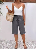 Female Solid Drawstring Knee Length Pants with Button Pocket