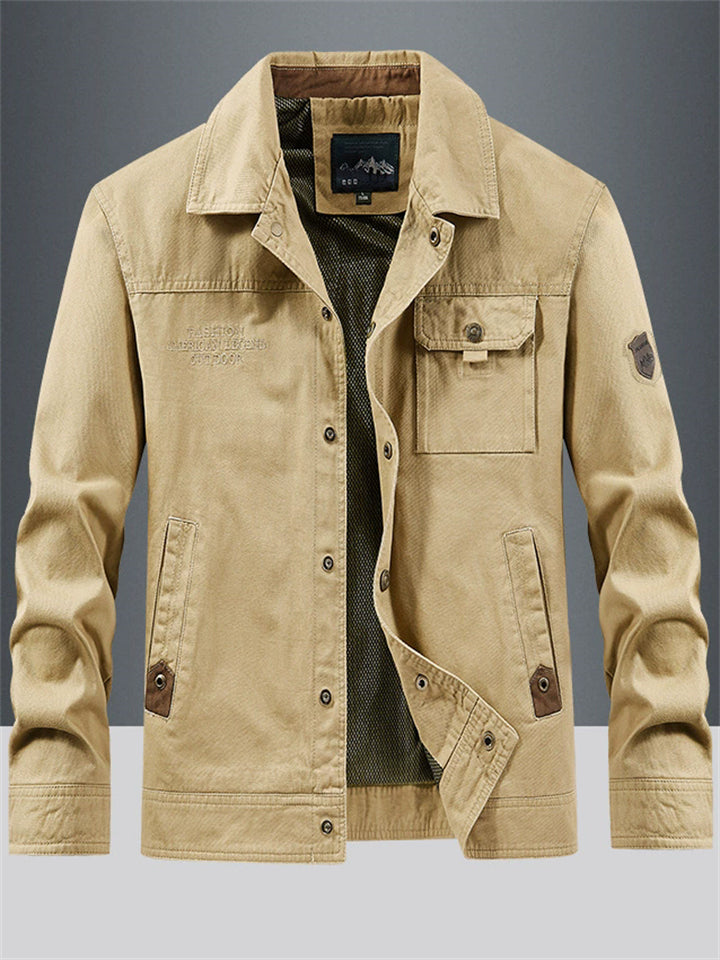 Male's Casual Solid Color Multi-pockets Lapel Button Up Jacket Coats