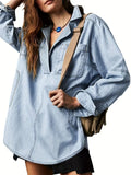 Women's Autumn Distressed Solid Color V Neck Pullover Denim Shirts