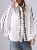 French Style Floral Embroidery Lapel Long-sleeve Blouse