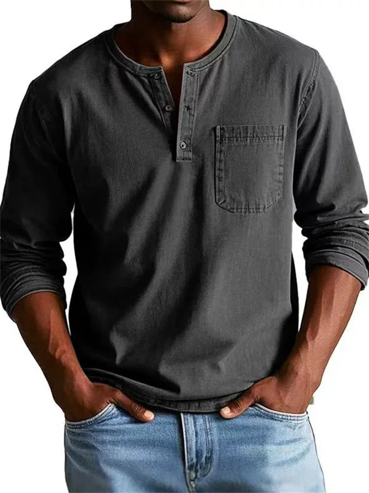 Men's Casual O-Neck Pocket Long Sleeve Top Shirt