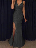 Sexy Deep V Neck Side Slit Evening Dress for Lady