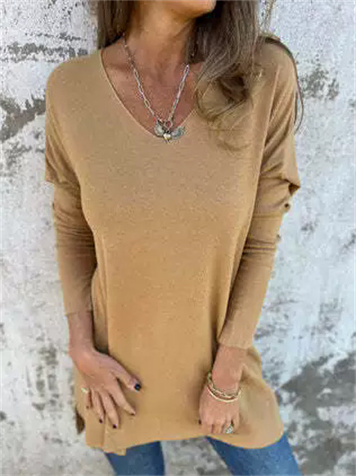 Women's Casual V Neck Loose Fit Knitted Long Sleeve Shirts