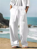 Men's Solid Color Linen Tie-Waist Wide Leg Straight Pants