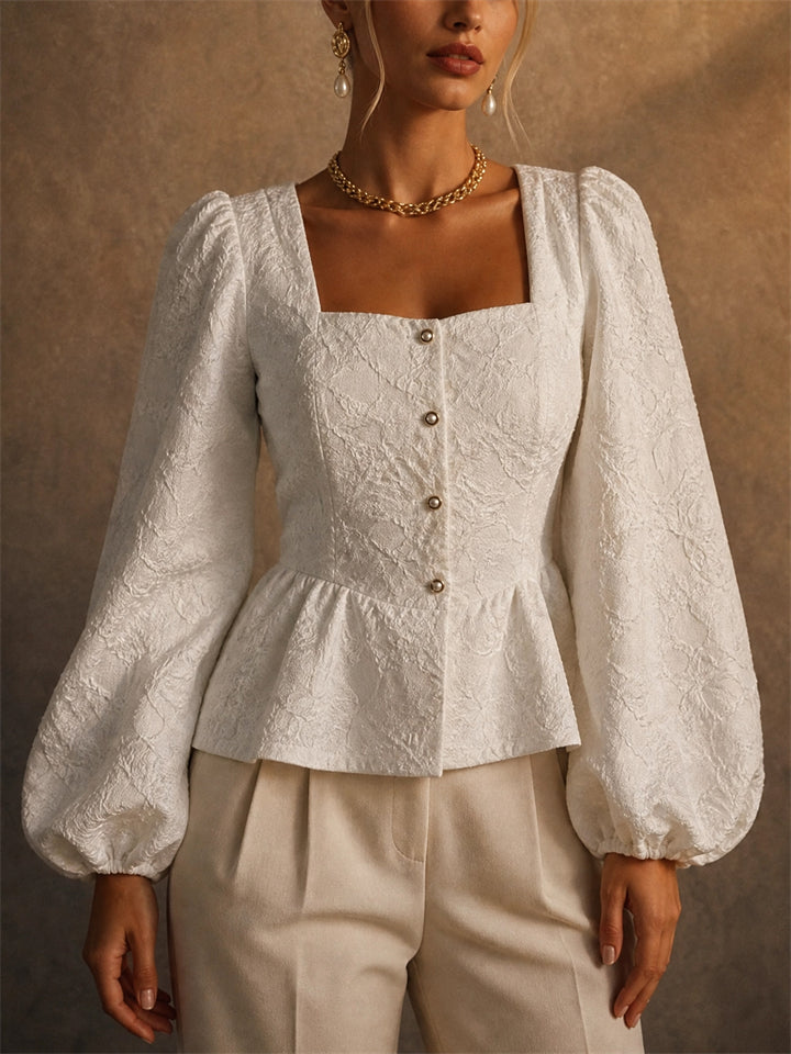 Women Vintage Square Neck Jacquard Peplum Puff Sleeve Blouse