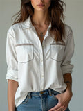Classic Imitation Denim White Button Up Blouses for Women with Pockets