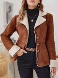 ‌Women's  Brown Single Breasted Fitted Faux Suede Fleece Lined Coats