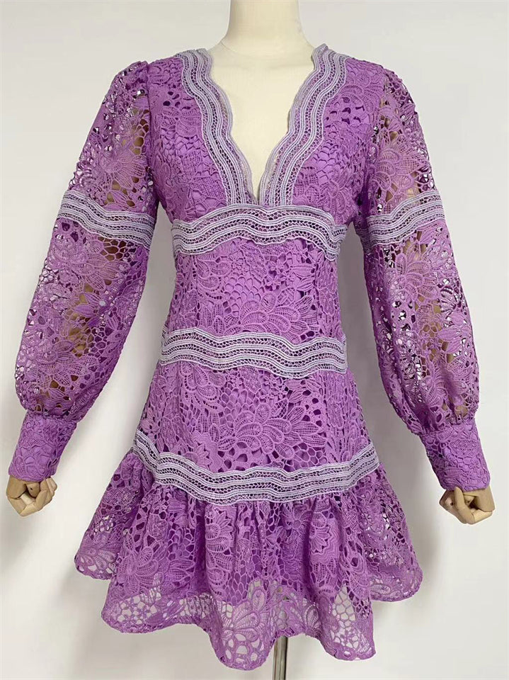 Hollow Trendy Puff Sleeve Patchwork Mini Dress for Lady