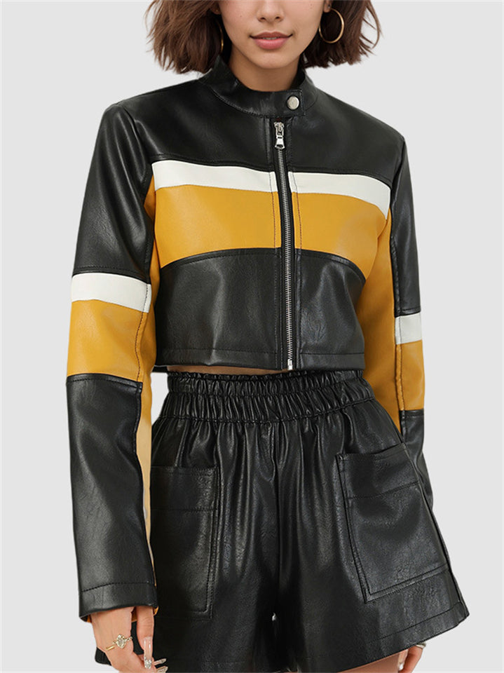Women's Faux Leather Contrast Color Crop Motorcycle Coat
