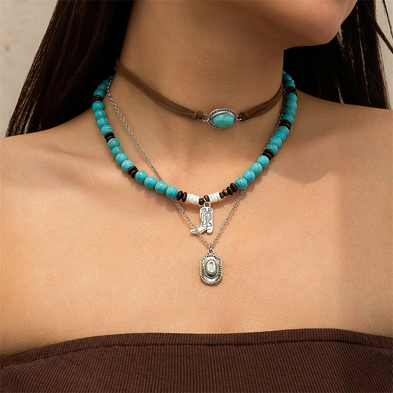 3pcs/Set Turquoise Stone Boot Crystal Pendant Necklaces