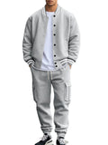 Men's Stripe Buttons Baseball Jacket and Jogger Pants Set for Casual Wear