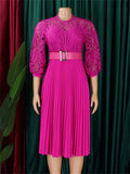 Women's Lace hollow Pleated Midi Dress With Belt