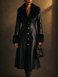 Women Vintage Faux Leather Maxi Trench Coat with Faux Fur Trim