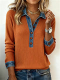 Orange Denim Collar Button Contrasting Knitted Sweater for Women