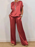 Women's Causal Solid Color Satin Round Neck Shirt &Pants Set