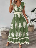 Women's Boho Holiday Style Floral V Neck Smocked Tiered Summer Dress