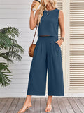 Women's 2pcs Casual Solid Color Sleeveless Top & Wide Leg Pants Set