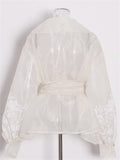 Women's French Style Elegant Lapel Long-sleeve Semi Transparent Blouses