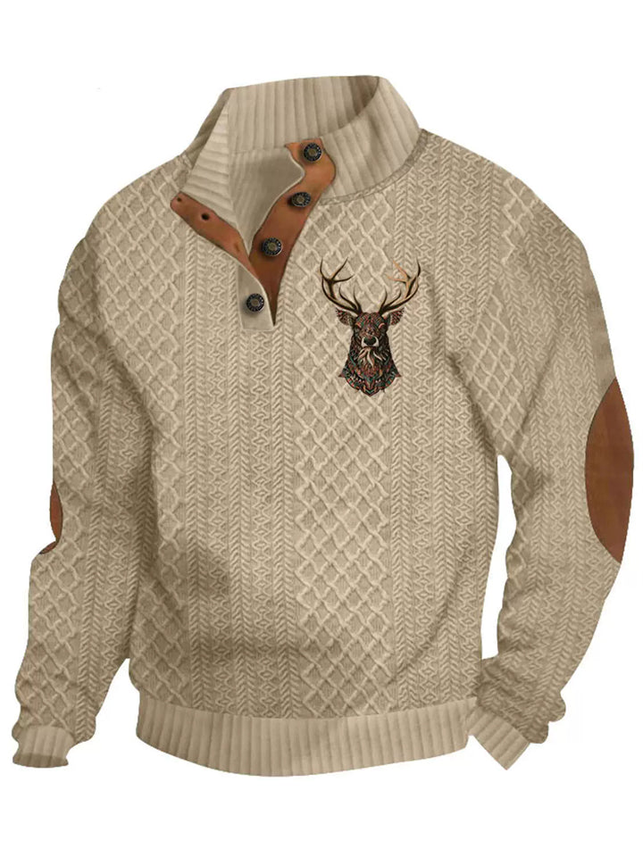 Men's Retro Cabin-Style Deer Sweatshirt with Elbow Patches