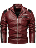 Men's Contrast Color Striped Faux Leather Jacket Winter Casual Motorcycle Style