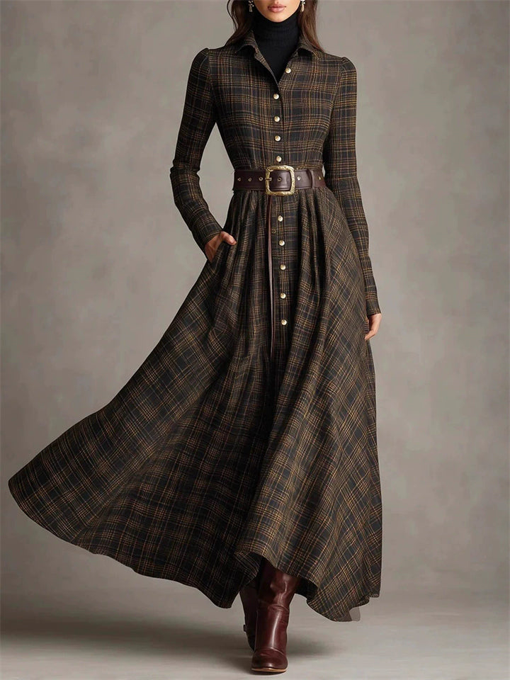 ‌Women's Autumn Plaid Vintage V Neck Buttons Belted Long Dress‌