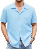 Men's Solid Color Waffle Button Up Suit Collar Short Sleeve Shirts