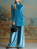 Women's Elegant Loose Fit Velvet High Neck Top and Wide Leg Pants Set